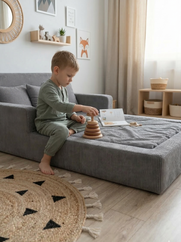 Детская бескаркасная кровать серый вельвет