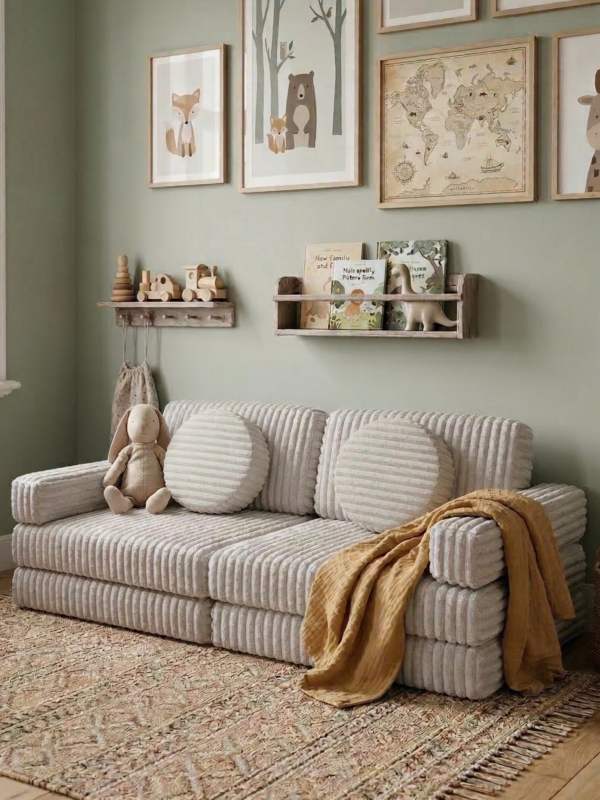 Детский игровой бескаркасный диван трансформер вафля серый