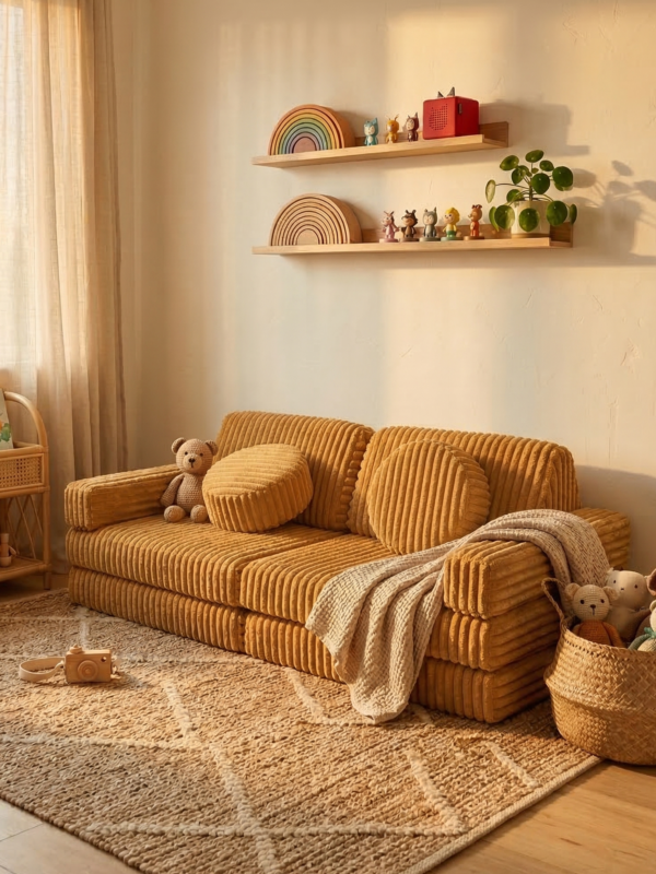 Детский игровой бескаркасный диван вафля янтарная