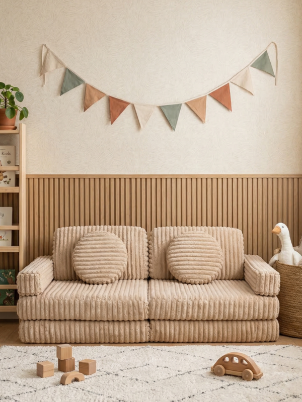 Детский игровой бескаркасный диван трансформер вафля бежевый