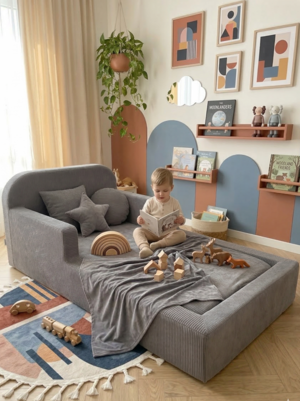 Детская бескаркасная кровать серый вельвет