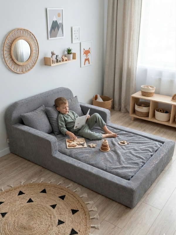 Детская бескаркасная кровать серый вельвет